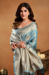 India Silk Sky Blue Sarees Showcase A Rich Pallu Adorned With Intricate Zhallar Work Blending Traditional Craftsmanship